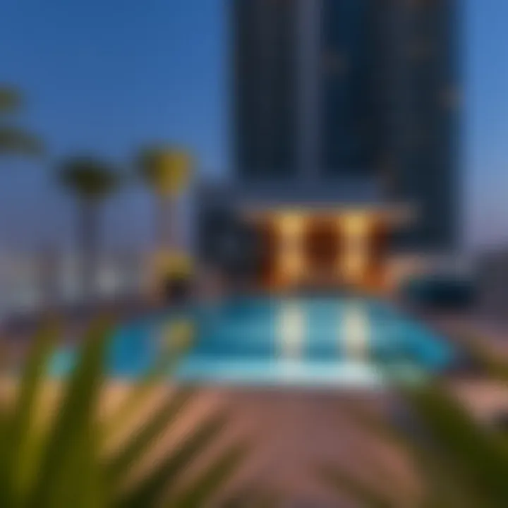 Amenities available at Al Roda Tower 2, featuring a pool and lounge area