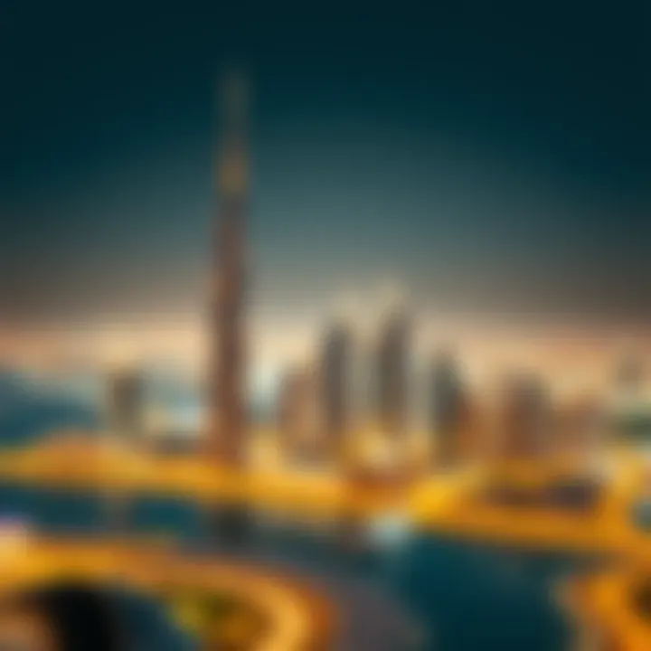 Panoramic View of Dubai's Skyline with Baniyas Tower Panoramic view of Dubai's skyline with Baniyas Tower prominently featured