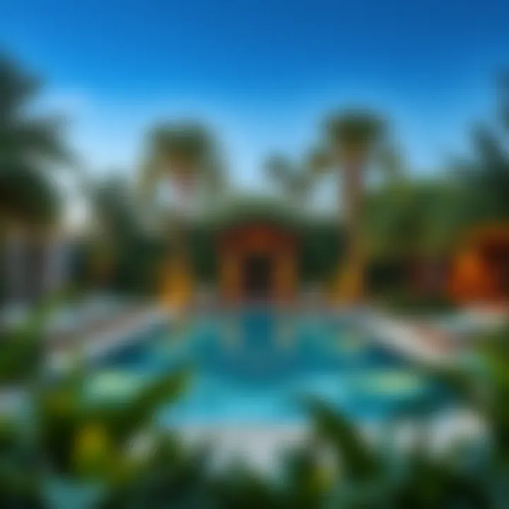 Luxurious pool area surrounded by lush greenery at Binghatti Royale