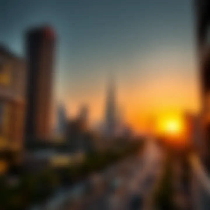 Scenic View of Bur Dubai Skyline at Sunset Scenic view of Bur Dubai skyline at sunset