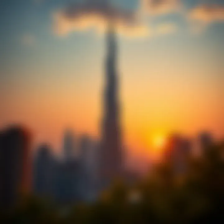 Sunset view highlighting Burj Khalifa against the Dubai skyline