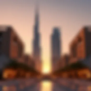 Stunning view of Burj Mansur's architectural design at sunset