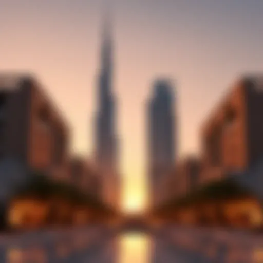 Stunning view of Burj Mansur's architectural design at sunset