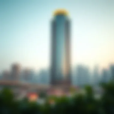 A stunning view of Churchill Tower against the Dubai skyline