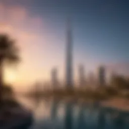 Stunning view of Dubai Pearl Tower against the sunset