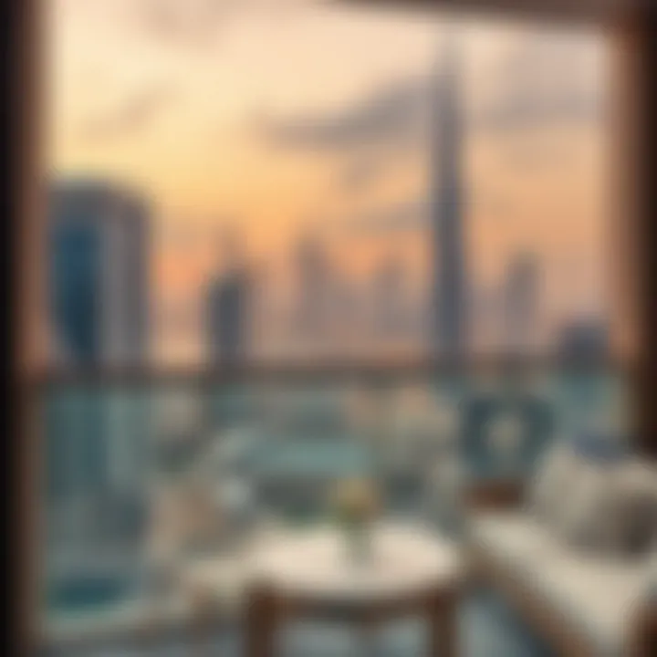 View of Dubai skyline from a furnished studio apartment balcony