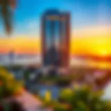 Stunning architectural view of Executive Bay Tower at sunset