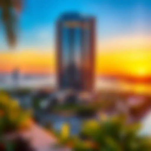 Stunning architectural view of Executive Bay Tower at sunset