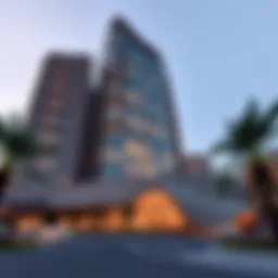 Exterior view showcasing the unique curvature of Arch Tower