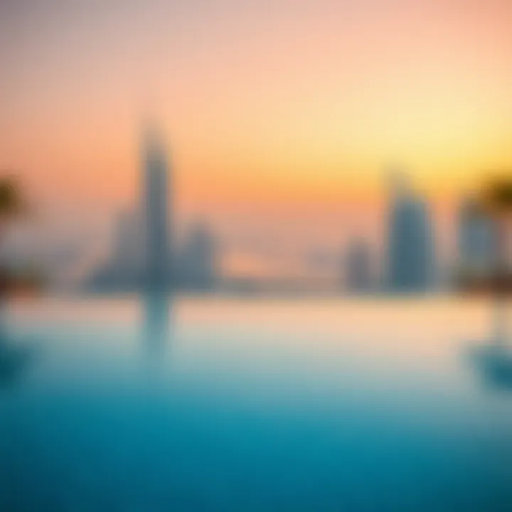 Swimming pool with city skyline backdrop