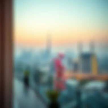 Panoramic view of Dubai skyline from the terrace of Fairmont Sheikh Zayed Road