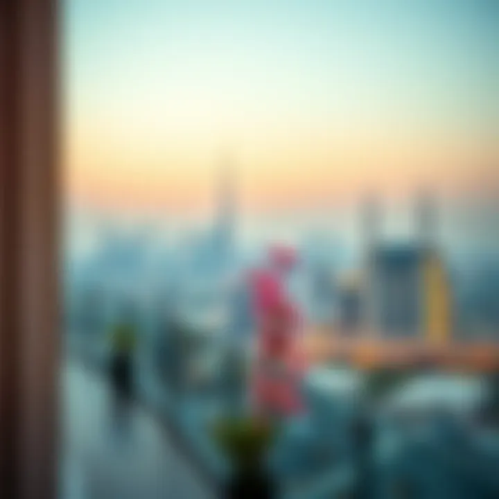 Panoramic view of Dubai skyline from the terrace of Fairmont Sheikh Zayed Road