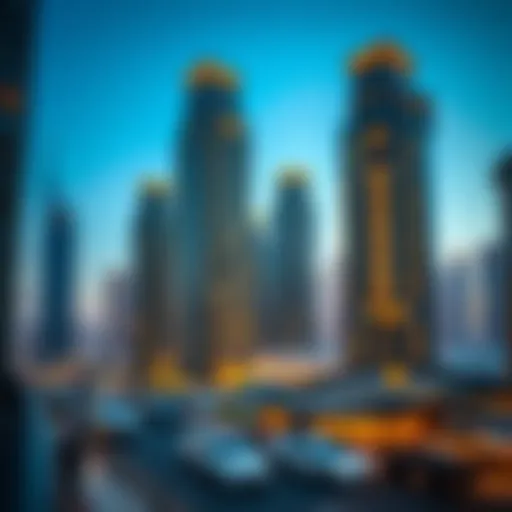 A stunning view of luxury skyscrapers in Dubai's upscale neighborhood.