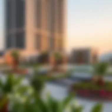 Beautifully landscaped outdoor area of Shafar Tower with amenities for residents