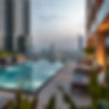 Amenities offered in high-rise living, including infinity pool and lounge area