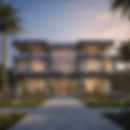 Exterior view of Sobha Hartland sales office showcasing modern architecture