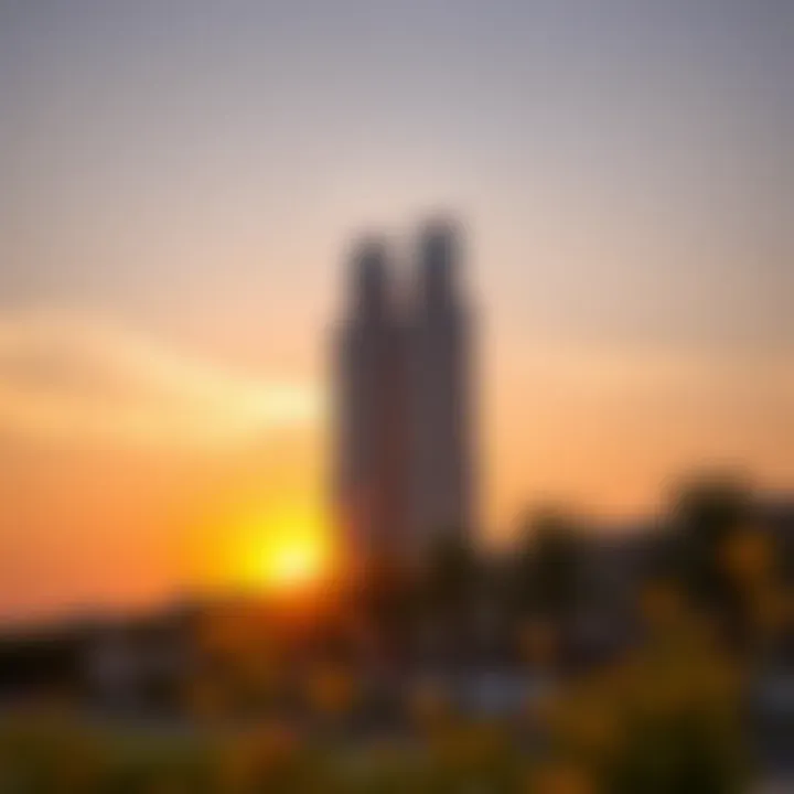 Stunning view of the Al Barsha Twin Towers against a sunset sky