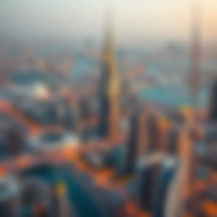 Aerial view of Dubai featuring the Amal Tower and surrounding landmarks