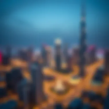 Nighttime skyline of Dubai featuring the illuminated Dubai Skyview