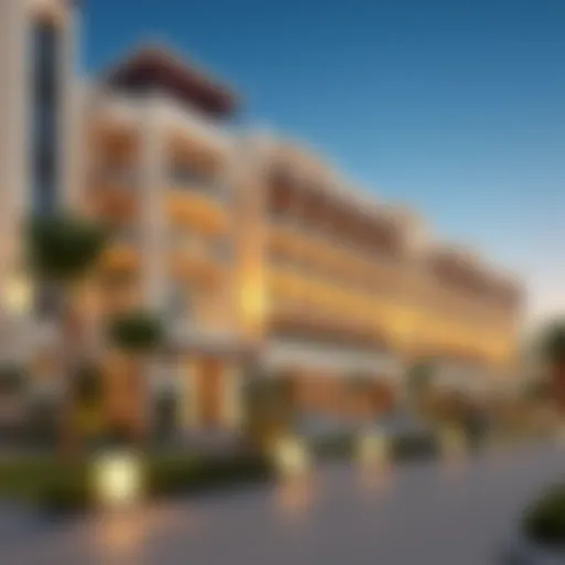 Elegant exterior view of Golden Sands Hotel Apartments showcasing modern architecture