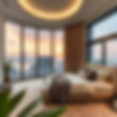 Chic Bedroom with Scenic Views in Tecom Stylish bedroom with panoramic window view in Tecom