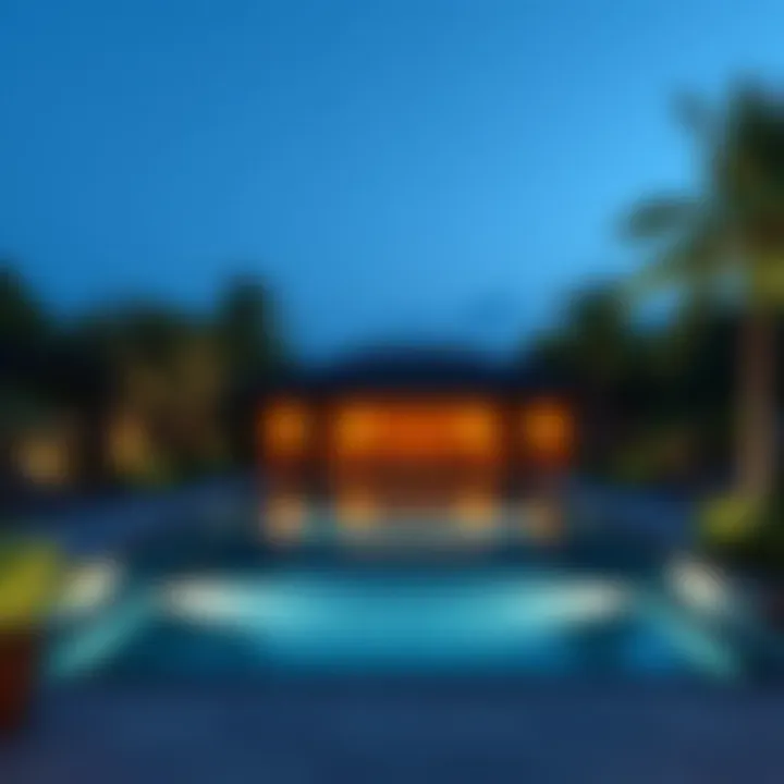 Resort-style swimming pool surrounded by lush landscaping