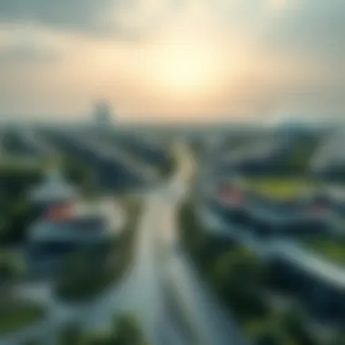 Futuristic Sustainable Neighborhood A panoramic view of a futuristic neighborhood featuring integrated green spaces and sustainable facilities.