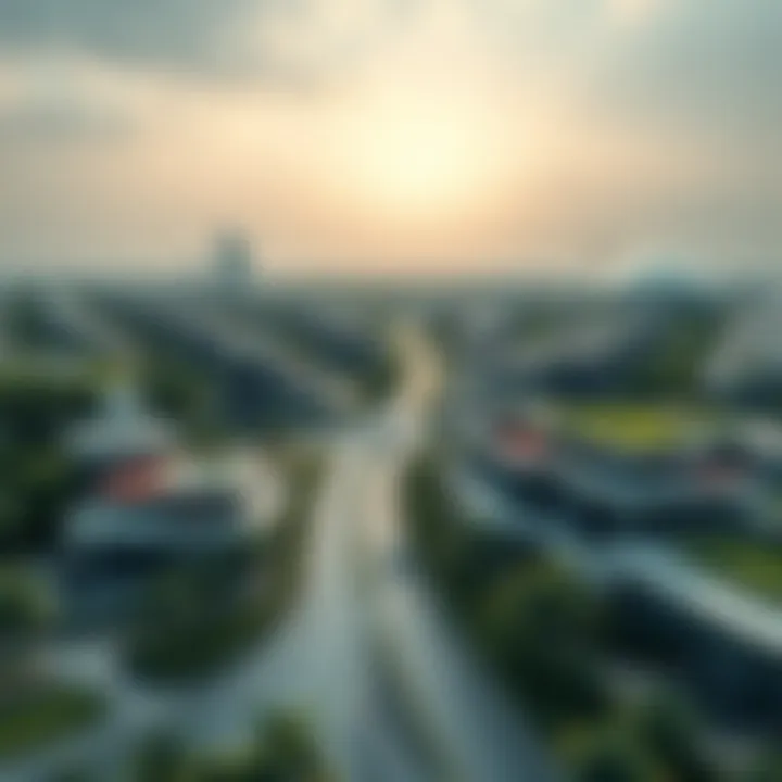 Futuristic Sustainable Neighborhood A panoramic view of a futuristic neighborhood featuring integrated green spaces and sustainable facilities.