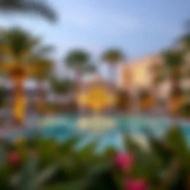Idyllic Poolside Retreat at Manor Hotel Al Furjan Beautiful pool area surrounded by tropical landscaping