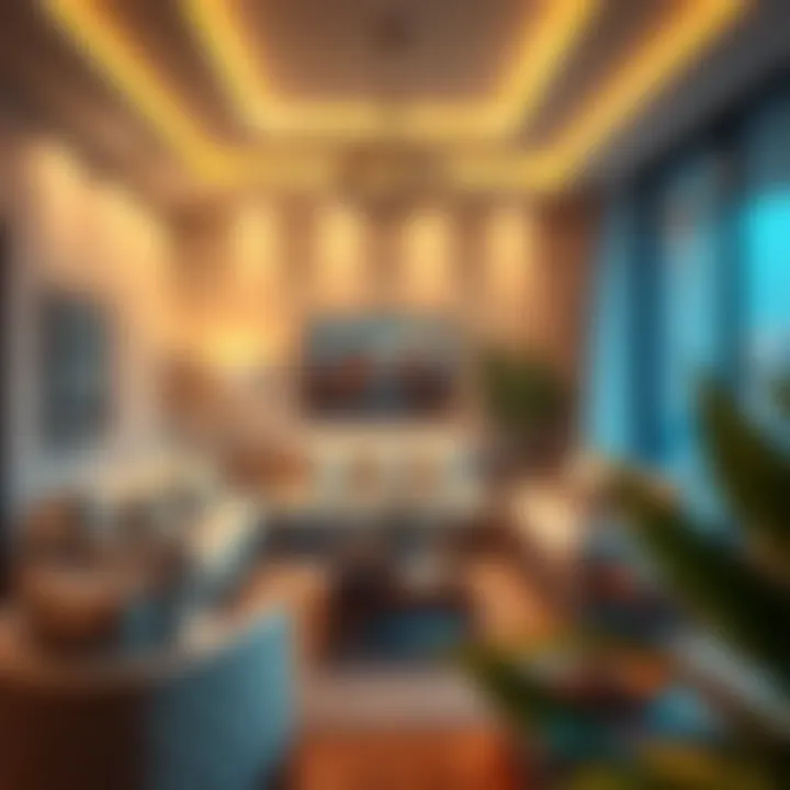 Cozy living room setting with warm lighting and decor