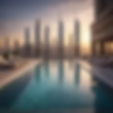 Breathtaking Rooftop Pool Views Panoramic view of Dubai skyline from the rooftop pool of the Paramount Tower Hotel & Residences
