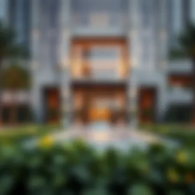 The entrance of the Reflection Tower with elegant landscaping and water features