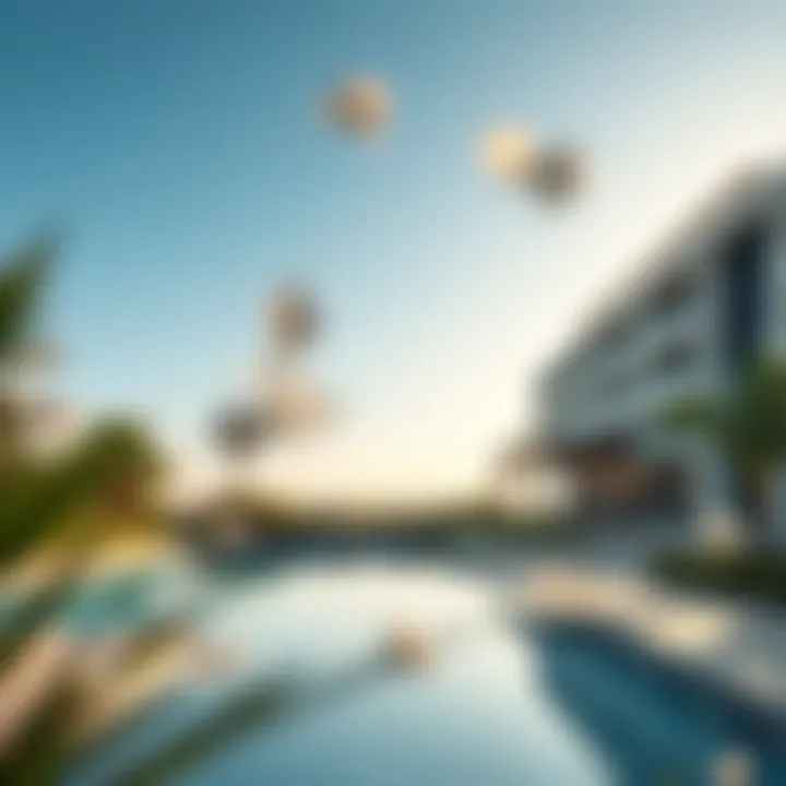 Luxurious swimming pool area surrounded by lush landscaping at Sadaf Six