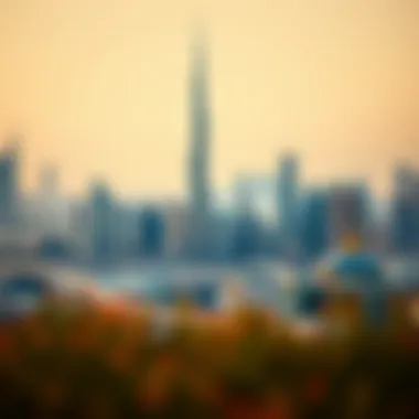 Panoramic View of Dubai Skyline Featuring Wasl Tower A panoramic view of Dubai's skyline with Wasl Tower as a focal point, representing modernity and progress